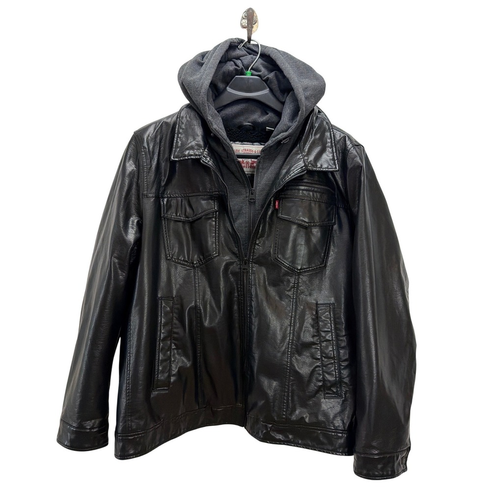 Levi's Men's Faux Leather Hooded Bomber Jacket Black Size XXL Biker Streetwear